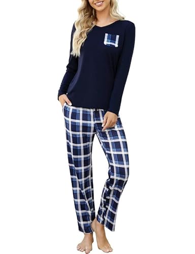 Clearlove Damen Schlafanzug Lang Pyjama Set Winter Nachtwäsche Zweiteiliger Sleepwear Soft Loungewear Hausanzug mit Karierte Hose(Navy Blau,XXL) von Clearlove