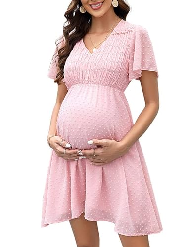 Clearlove Damen Schwangerschaftskleid Pünktchen-Chiffon mit kurzen Ärmeln für den Sommer(Rosa,XXL) von Clearlove