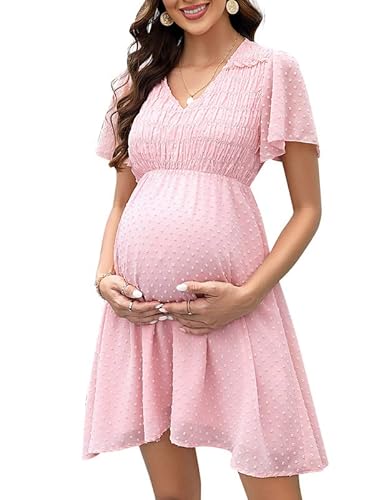 Clearlove Damen Schwangerschaftskleid aus Schweizer Pünktchen-Chiffon mit kurzen Ärmeln für den Sommer(Rosa,XL) von Clearlove