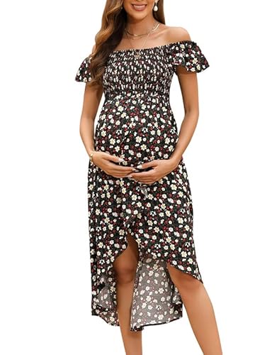 Clearlove Damen Sommer Umstandskleid Kurzarm A-line Stillkleid Casual Print Schwangere Kleider Schwangerschaftskleid, Schwarz, S von Clearlove