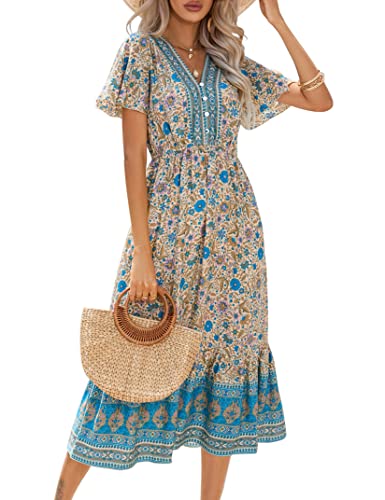 Clearlove Damen Sommerkleid Boho Kurzarm Midi Kleider V-Ausschnitt Strandkleid lang Blumenkleid Rüschen Freizeitkleid mit Knöpfen (Verpackung MEHRWEG), Blumen-Blau 1, XL von Clearlove