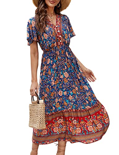 Clearlove Damen Sommerkleid Boho Kurzarm Midi Kleider V-Ausschnitt Strandkleid lang Blumenkleid Rüschen Freizeitkleid mit Knöpfen (Verpackung MEHRWEG), Blumen-Dunkelblau, S von Clearlove