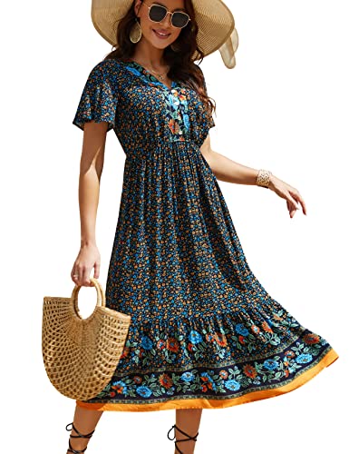 Clearlove Damen Sommerkleid Boho Kurzarm Midi Kleider V-Ausschnitt Strandkleid lang Blumenkleid Rüschen Freizeitkleid mit Knöpfen (Verpackung MEHRWEG), Blumen-Dunkelblau 1, L von Clearlove