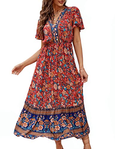 Clearlove Damen Sommerkleid Boho Kurzarm Midi Kleider V-Ausschnitt Strandkleid lang Blumenkleid Rüschen Freizeitkleid mit Knöpfen (Verpackung MEHRWEG), Blumen-Rot, XL von Clearlove