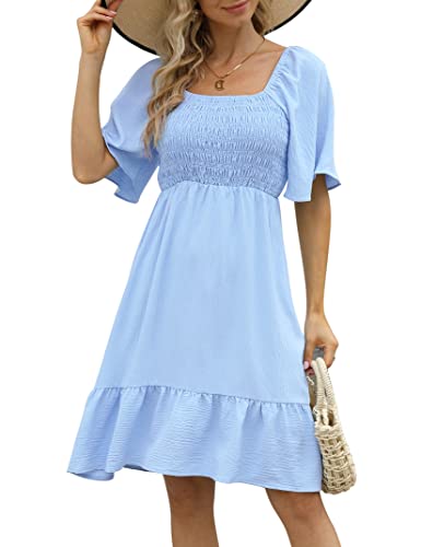 Clearlove Damen Sommerkleid Knielang A Linien Kleid Kurzarm Casual Rüschen Tunika Kleider Minikleid Elegant Quadratischer Hals Partykleid Sommer Hellblau L von Clearlove