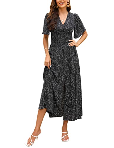 Clearlove Damen Sommerkleid Lang Blümchen Kleid V Ausschnitt Tunika Kleider Elegant Blumenkleid Kurzarm A Linie Maxikleid Freizeitkleid mit Schlitz Schwarz M von Clearlove