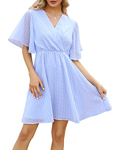 Clearlove Damen Sommerkleider Schweizer Punkte Chiffonkleid V-Ausschnitt Kleide Kurzarm Freizeitkleid Lagenlook Kleider Minikleider Partykleid Strandkleid (Hellblau, L) von Clearlove
