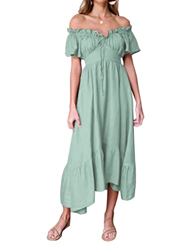 Clearlove Damen Sommerkleider Sexy Off-Shoulder Kurzarm Maxikleid Casual Einfarbig Kleid High Taille Fit Kleid Strandkleider Tunikakleider Freizeitkleider, Grün, L von Clearlove