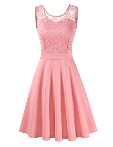 Clearlove Damen Spitzen Rockabilly Kleid Festlich Partykleid Cocktailkleid Brautjungfern Kleid Rundhals Ärmellos Rosa,XXL von Clearlove