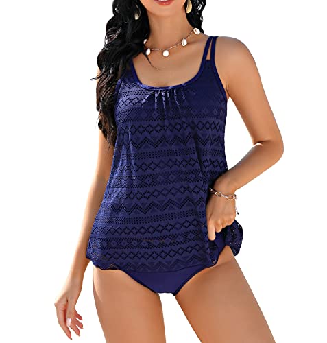 Clearlove Damen Sportlich Tankini Mesh Badeanzug Zweiteilig Badeanzüge Elegantes Swimsuit Beachwear mit Bikinislip Plus Size,Dunkelblau-spitzeM von Clearlove