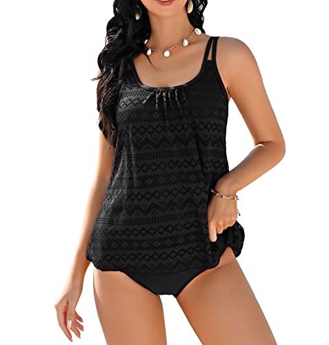 Clearlove Damen Sportlich Tankini Mesh Badeanzug Zweiteilig Badeanzüge Elegantes Swimsuit Beachwear mit Bikinislip Plus Size,Schwarz-spitzeS von Clearlove