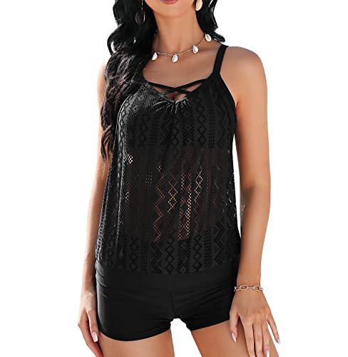 Clearlove Damen Sportlich Tankini Mesh Badeanzug Zweiteilig Badeanzüge Elegantes Swimsuit Beachwear mit Bikinislip Plus Size,SchwarzXL von Clearlove