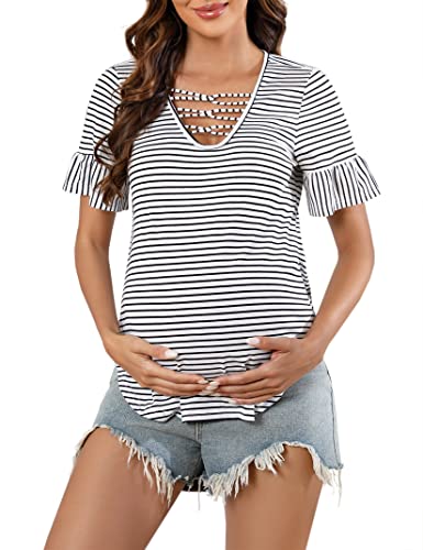 Clearlove Damen Stillshirt Kurzarm Umstandsmode Tshirt Still Nursing Tops Sommer Oberteil Stilltop (Schwarze und Weiße Streifen, M) von Clearlove