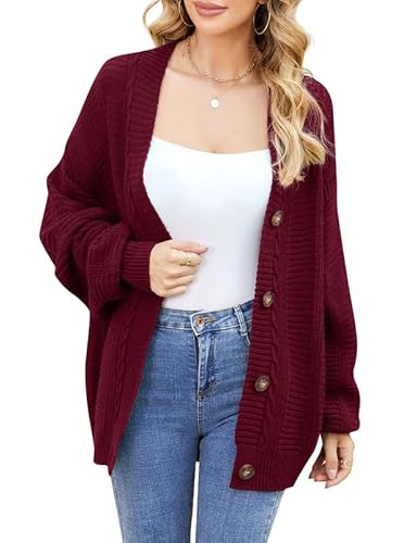 Clearlove Damen Strickjacke Langarm V-Ausschnitt Button Down Sweater Elegante Lose Vorne Offen Cardigan Einfarbig Freizeitjacke Herbst Winter Top Outwear, Weinrot, L von Clearlove