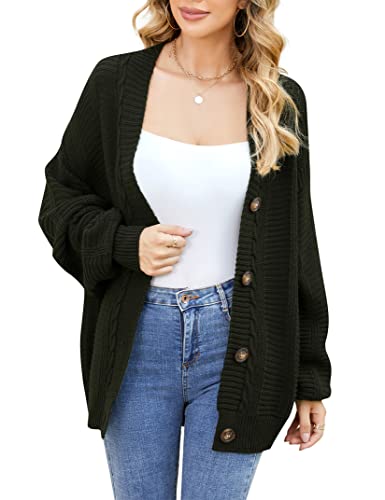 Damen Strickjacke Langarm Button Down Sweater Elegante Lose Vorne Offen Cardigan Einfarbig Freizeitjacke Herbst Winter Top Outwear(Armeegrün,S) von Clearlove