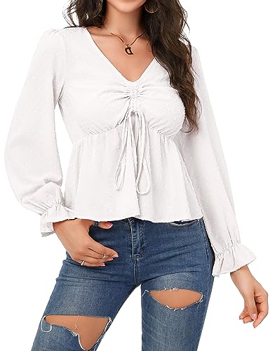 Clearlove Damen Swiss Dot Oberteile Elegant Laternenärmel Bluse Hemd Langarm V-Ausschnitt Tunika Langarmshirt Hemd Weiß XL von Clearlove