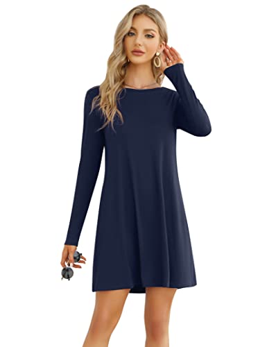 Clearlove Damen T-Shirt Kleid Casual Tunika Swing Kleid A-Linie Langarm Rundhals Freizeitkleid (Verpackung MEHRWEG), C-Dunkelblau, L von Clearlove