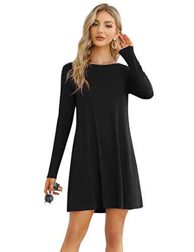 Clearlove Damen T-Shirt Kleid Casual Tunika Swing Kleid A-Linie Langarm Rundhals Freizeitkleid (Verpackung MEHRWEG), C-Schwarz, L von Clearlove