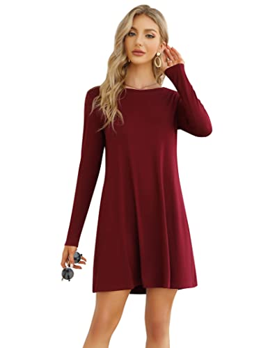 Clearlove Damen T-Shirt Kleid Casual Tunika Swing Kleid A-Linie Langarm Rundhals Freizeitkleid (Verpackung MEHRWEG), C-Weinrot, M von Clearlove