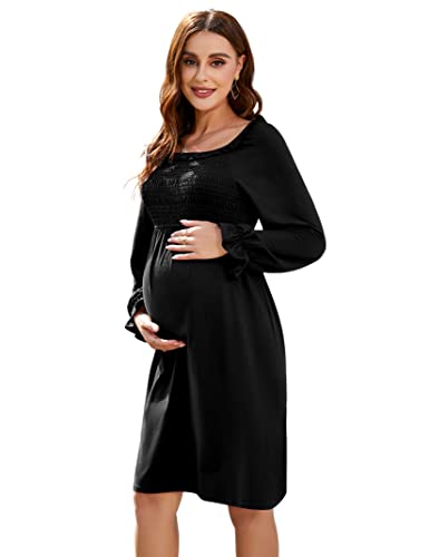 Clearlove Damen Umstandskleid Square Collar Schwangerschafts Kleid Rüschen Langarm Stillkleid Partykleid Schwarz XL von Clearlove