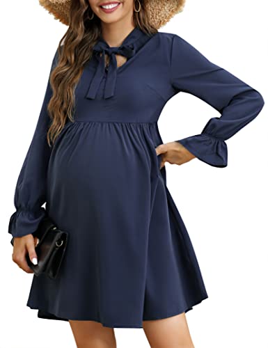 Clearlove Damen Umstandskleid V-Ausschnitt Kordelzug Schleife Stillkleid Elegant Casual Langarm Schwangere Kleider(Grau Blau,XL) von Clearlove