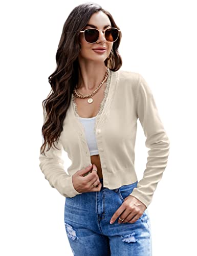 Clearlove Damen V-Ausschnitt Kurz-Strickweste Strickjacke 3/4 Ärmel Beige-Spitze,M von Clearlove