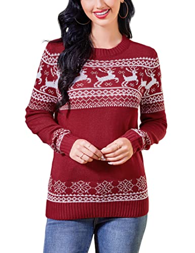 Clearlove Damen Weihnachtspullover Christmas Sweater mit Rentiermuster Strickpulli Rundhals Langarm Warme Strickpullover Winter Pullover, Rot, L von Clearlove