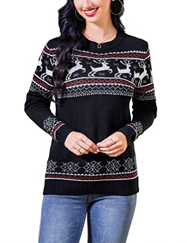 Clearlove Damen Weihnachtspullover Christmas Sweater mit Rentiermuster Strickpulli Rundhals Langarm Warme Strickpullover Winter Pullover, Schwarz, M von Clearlove