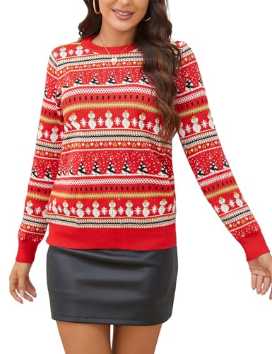 Clearlove Damen Weihnachtspullover Ugly Rundhalsausschnitt Christmas Sweater Reindeer Strickpullover Weihnachten Winter Pullover R-Rot M von Clearlove