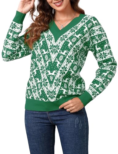 Clearlove Damen Weihnachtspullover Ugly V-Ausschnitt Christmas Sweater Reindeer Strickpullover Weihnachten Winter Pullover V-Grün M von Clearlove