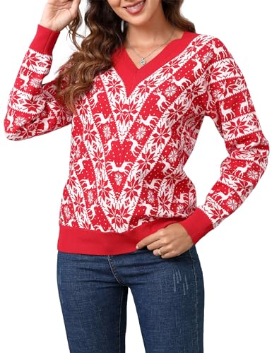 Clearlove Damen Weihnachtspullover Ugly V-Ausschnitt Christmas Sweater Reindeer Strickpullover Weihnachten Winter Pullover V-Rot S von Clearlove