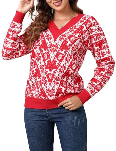 Clearlove Damen Weihnachtspullover Ugly V-Ausschnitt Christmas Sweater Reindeer Strickpullover Weihnachten Winter Pullover V-Rot XL von Clearlove