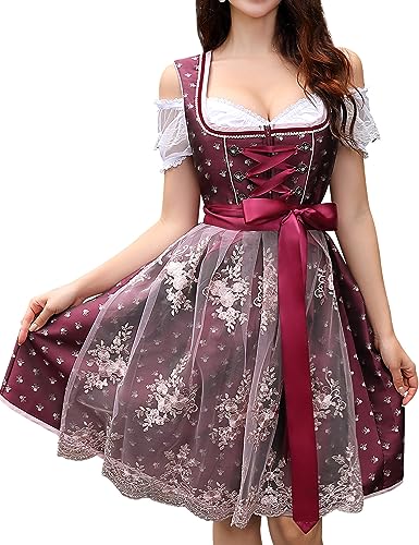 Clearlove Dirndl Damen Midi Elegant Kurz Trachtenkleid 3 Teilig Set inkl. Trachtenmode Dirndl Kleid Dirndlschürze Dirndlbluse für Oktoberfest(Rot,42) von Clearlove