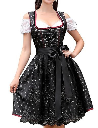 Clearlove Dirndl Damen Midi Set 3 Teilig Elegant Kurz Trachtenkleid inkl. Dirndl Kleid Dirndlschürze Dirndlbluse für Oktoberfest(A-Schwarz,38) von Clearlove