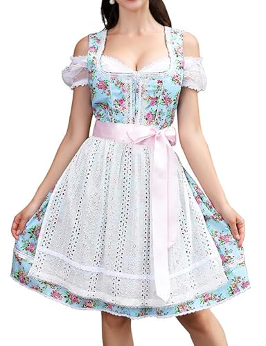 Clearlove Dirndl Damen Midi Trachtenkleid 3tlg mit Schürze und Bluse für Oktoberfest Vintage, Besondere Anlässe Gr. 36 Blau von Clearlove