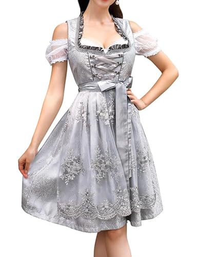 Clearlove Dirndl Damen Midi Trachtenkleid 3tlg mit Schürze und Bluse für Oktoberfest Vintage, Besondere Anlässe Gr. 36 Grau von Clearlove