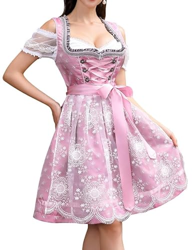 Clearlove Dirndl Damen Midi Trachtenkleid 3tlg mit Schürze und Bluse für Oktoberfest Vintage, Besondere Anlässe Gr. 38 Rosa von Clearlove