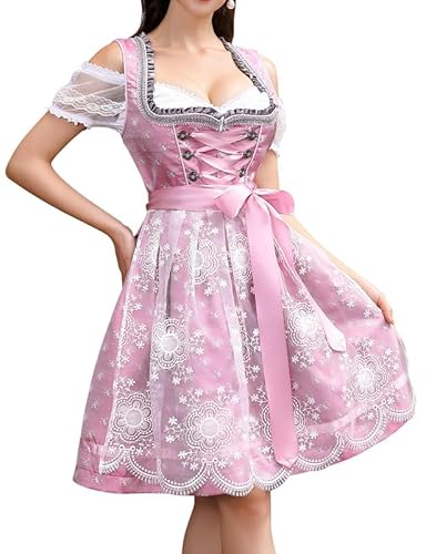 Clearlove Dirndl Damen Midi Trachtenkleid 3tlg mit Schürze und Bluse für Oktoberfest Vintage, Besondere Anlässe Gr. 42 Rosa von Clearlove