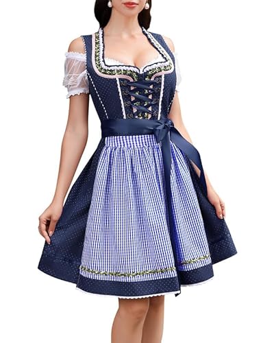 Clearlove Dirndl Damen midi 3tlg Trachtenkleid Damen Trachtenrock Trachtenmode Kleid Dirndlbluse für Oktoberfest(Navy Blau,40) von Clearlove