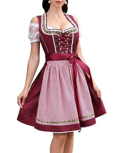 Clearlove Dirndl Damen midi 3tlg Trachtenkleid Damen Trachtenrock Trachtenmode Kleid Dirndlbluse für Oktoberfest(Weinrot,40) von Clearlove