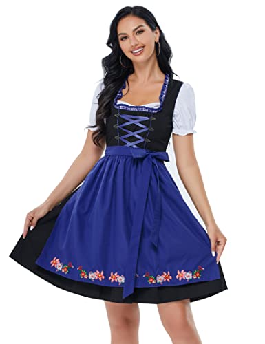 Clearlove Dirndl Damen midi 3tlg.Trachtenkleid für Oktoberfest,Karneval,DREI Teilig: Kleid, Bluse, Schürze（Verpackung MEHRWEG）,Blau,42 von Clearlove