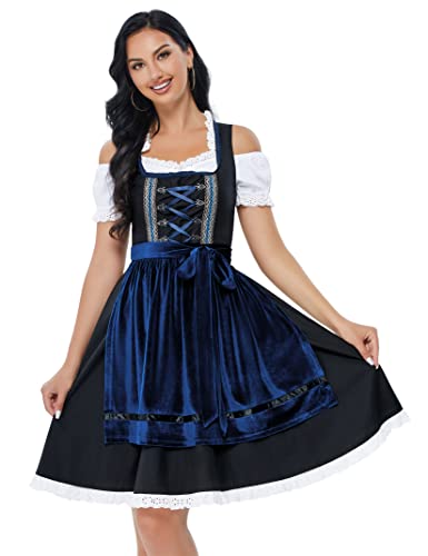 Clearlove Dirndl Damen midi 3tlg.Trachtenkleid für Oktoberfest,Karneval,DREI Teilig: Kleid, Bluse, Schürze（Verpackung MEHRWEG）,Blau-1,L von Clearlove