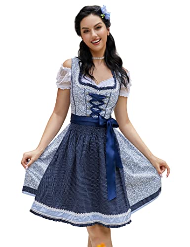 Clearlove Dirndl Damen midi 3tlg.Trachtenkleid für Oktoberfest,Karneval,DREI Teilig: Kleid, Bluse, Schürze（Verpackung MEHRWEG）,Blau Blumen,36 von Clearlove