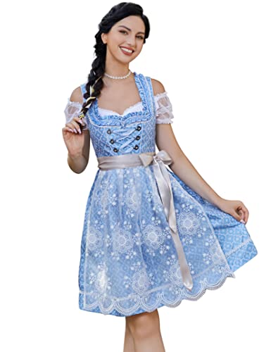 Clearlove Dirndl Damen midi 3tlg.Trachtenkleid für Oktoberfest,Karneval,DREI Teilig: Kleid, Bluse, Schürze（Verpackung MEHRWEG）,Blau-Spitze,34 von Clearlove