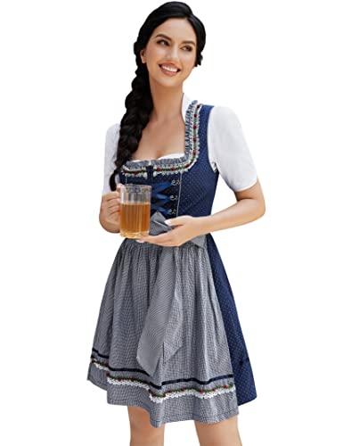 Clearlove Dirndl Damen midi 3tlg.Trachtenkleid für Oktoberfest,Karneval,DREI Teilig: Kleid, Bluse, Schürze（Verpackung MEHRWEG）,Blau-Weiß Punkte,40 von Clearlove