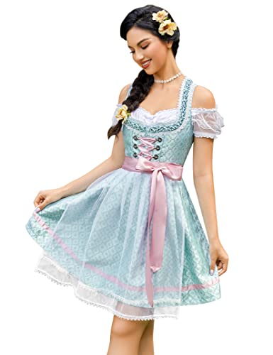 Clearlove Dirndl Damen midi 3tlg.Trachtenkleid für Oktoberfest,Karneval,DREI Teilig: Kleid, Bluse, Schürze（Verpackung MEHRWEG）,Blau-grün,34 von Clearlove