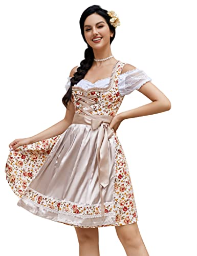 Clearlove Dirndl Damen midi 3tlg.Trachtenkleid für Oktoberfest,Karneval,DREI Teilig: Kleid, Bluse, Schürze（Verpackung MEHRWEG）,Blumen,36 von Clearlove