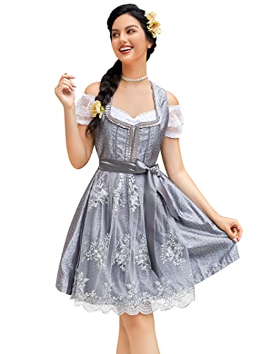 Clearlove Dirndl Damen midi 3tlg.Trachtenkleid für Oktoberfest,Karneval,DREI Teilig: Kleid, Bluse, Schürze（Verpackung MEHRWEG）,Grau-spitze,40 von Clearlove