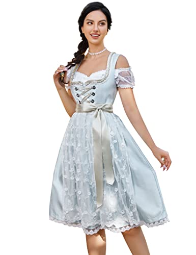 Clearlove Dirndl Damen midi 3tlg.Trachtenkleid für Oktoberfest,Karneval,DREI Teilig: Kleid, Bluse, Schürze（Verpackung MEHRWEG）,Hellgrau-Spitze,34 von Clearlove