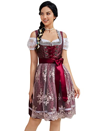 Clearlove Dirndl Damen midi 3tlg.Trachtenkleid für Oktoberfest,Karneval,DREI Teilig: Kleid, Bluse, Schürze（Verpackung MEHRWEG）,Rot,34 von Clearlove